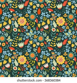 Floral seamless pattern with doodle flowers, butterfly and leaves. Vector blooming floral texture for card, wrapping paper, invitation, card, wedding, surface pattern. Gentle vector background.