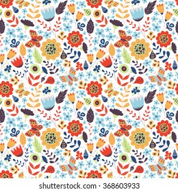 Floral seamless pattern with doodle flowers, butterfly and leaves. Vector blooming floral texture for card, wrapping paper, invitation, card, wedding, surface pattern. Gentle vector background.