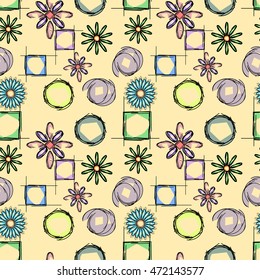 Floral seamless pattern. Doodle flowers and geometric shapes on a yellow background.