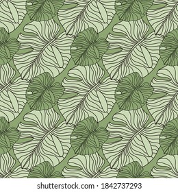 Floral seamless pattern with doodle monstera contoured silhouettes. Outline foliage shapes in green and grey tones. Backdrop for fabric design, textile print, wrapping, cover. Vector illustration.