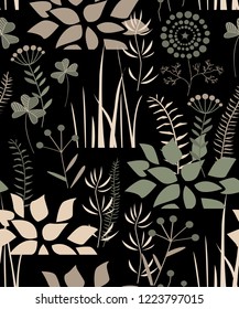 Floral seamless pattern with doodle plants, flowers, bushes, and grass. Vector illustration
