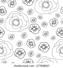 Floral seamless pattern with doodle poppies. Poppies old style crown. Natural cute poppies and spring botanical fashion poppies flowers. Decor seamless pattern outline poppies vector. Poppies blossom.