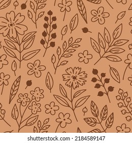 Floral seamless pattern in doodle style. Berries, leaves, flowers in sepia colors background. Texture for fabric, textile, wallpaper, wrapping paper.