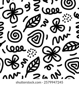 Floral seamless pattern in doodle style with cute flowers and leaves.