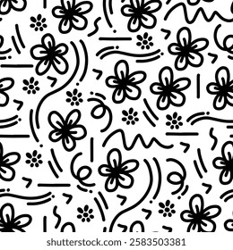 Floral seamless pattern in doodle style with cute flowers and leaves.