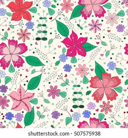 Floral seamless pattern in doodle style. For fabric, wallpaper, gift wrap. All elements are not cropped and hidden under mask 