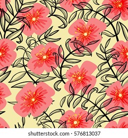 Floral seamless pattern in doodle style. Background with flowers and line art leaves. Vector illustration in black and pink colors