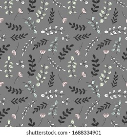 Patrón sin fisuras florales; ramitas de doodle y flores sobre fondo gris; diseño de dibujo a mano para tela, papel pintado, papel envolvente, textil, diseño web.
