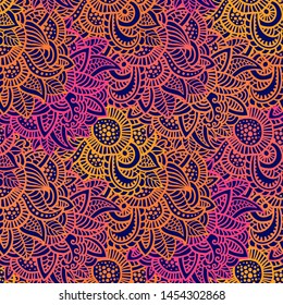 Floral seamless pattern. Doodle vector background with flowers, leaves. Indian ornament. Colorful oriental design in mendi style. Vector abstract illustration.