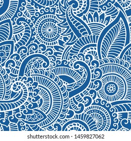 Floral seamless pattern. Doodle vector background with flowers, leaves. Indian ornament. Colorful oriental design in mendi style. Vector abstract illustration.