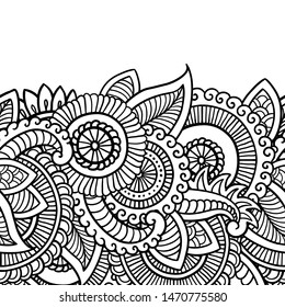 Floral seamless pattern. Doodle vector background with flowers, leaves. Indian ornament. Colorful oriental design in mendi style. Vector abstract illustration.
