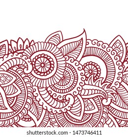 Floral seamless pattern. Doodle vector background with flowers, leaves. Indian ornament. Colorful oriental design in mendi style. Vector abstract illustration.