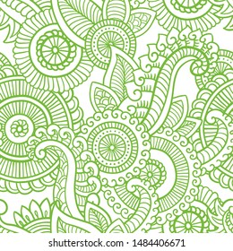 Floral seamless pattern. Doodle vector background with flowers, leaves. Indian ornament. Colorful oriental design in mendi style. Vector abstract illustration.