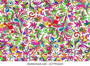 Nahtloses Muster ohne Blumen. Doodle, Vektorhintergrund mit Blumen, Blättern. Helles Neonfarbendekor. Farbiges orientalisches Design. Hand zeichnen Sie Vektormuster.