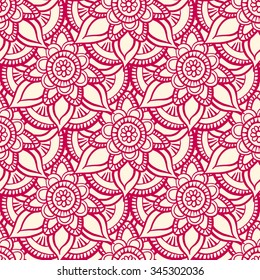 Floral seamless pattern. Doodle vector background with flowers, leaves. Indian ornament, henna style. Luxury oriental design. Vector pattern in mendi style.