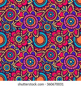 Floral seamless pattern. Doodle vector background with flowers, leaves. Indian ornament, henna style. Colorful oriental design. Vector pattern in mendi style.