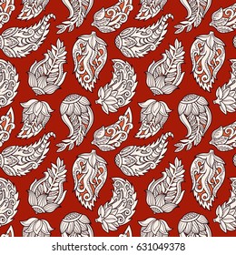 Floral seamless pattern. Doodle vector background with flowers, leaves. Indian ornament, henna style. Colorful oriental design. Vector pattern in mendi style.