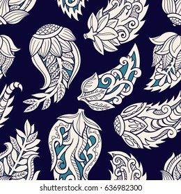 Floral seamless pattern. Doodle vector background with flowers, leaves. Indian ornament, henna style. Colorful oriental design. Vector pattern in mendi style.