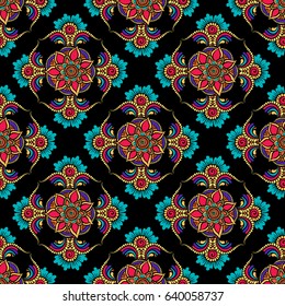 Floral seamless pattern. Doodle vector background with flowers, leaves. Indian ornament, henna style. Colorful oriental design. Vector pattern in mendi style. Paisley.