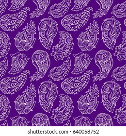 Floral seamless pattern. Doodle vector background with flowers, leaves. Indian ornament, henna style. Colorful oriental design. Vector pattern in mendi style. Paisley.