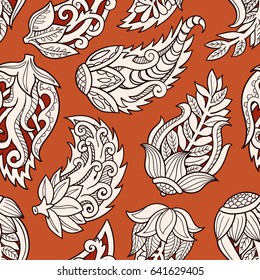 Floral seamless pattern. Doodle vector background with flowers, leaves. Indian ornament, henna style. Colorful oriental design. Vector pattern in mendi style. Paisley.