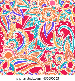 Floral seamless pattern. Doodle vector background with flowers, leaves. Indian ornament, henna style. Colorful oriental design. Vector pattern in mendi style. Paisley.