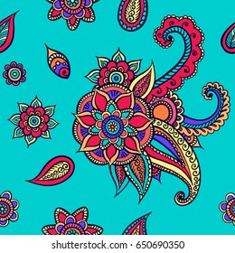 Floral seamless pattern. Doodle vector background with flowers, leaves. Indian ornament, henna style. Colorful oriental design. Vector pattern in mendi style. Paisley.
