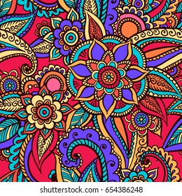 Floral seamless pattern. Doodle vector background with flowers, leaves. Indian ornament, henna style. Colorful oriental design. Vector pattern in mendi style. Paisley.