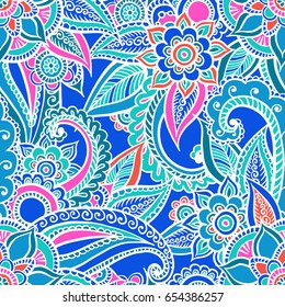 Floral seamless pattern. Doodle vector background with flowers, leaves. Indian ornament, henna style. Colorful oriental design. Vector pattern in mendi style. Paisley.