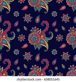 Floral seamless pattern. Doodle vector background with flowers, leaves. Indian ornament, henna style. Colorful oriental design. Vector pattern in mendi style. Paisley.