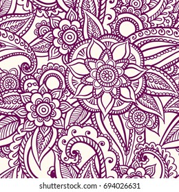 Floral seamless pattern. Doodle vector background with flowers, leaves. Indian ornament, henna style. Colorful oriental design. Vector pattern in mendi style. Paisley.