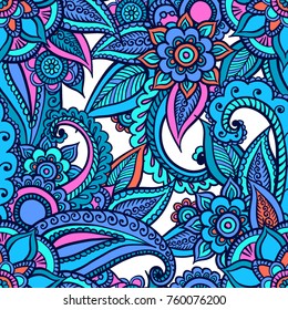 Floral seamless pattern. Doodle vector background with flowers, leaves. Indian ornament. Colorful oriental design. Vector pattern in mendi style. Paisley.
