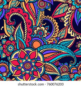 Floral seamless pattern. Doodle vector background with flowers, leaves. Indian ornament. Colorful oriental design. Vector pattern in mendi style. Paisley.
