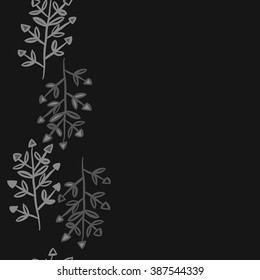 Floral  seamless pattern, doodles, branches, leaves,  copy space, vertical. Hand drawn.