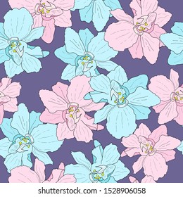 Floral seamless pattern of doole blue and pink flowers. Vector illustration of repeat flower background with blue and pink petals for textile, wrapping, cover, wallpaper design 