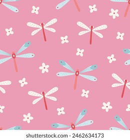 Floral seamless pattern with dragonflies and small white flowers on pink background. Perfect for summer greetings, wallpaper, wrapping paper, fabric. Vector illustration