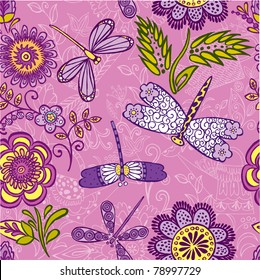 floral seamless pattern with a dragonfly