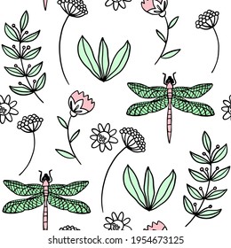 Floral seamless pattern with  dragonfly, flowers, vector illustration in boho style. Texture with insects and wildflowers for print on fabric, textile, wallpaper.