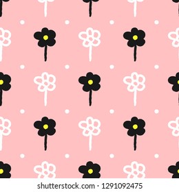 Floral seamless pattern drawn by hand with a rough brush. Sketch, watercolor, grunge. Cute girly print with polka dot flowers. White, black, pink, yellow. Vector illustration.
