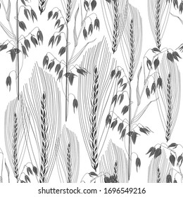 Floral seamless pattern with with ears of cereal on white. Vector hand-drawn illustration.Nature background. Black and white.