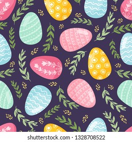 Floral seamless pattern with eggs, birds and stylized flowers. Endless texture for spring design, decoration, greeting cards, posters, invitations, advertisement.