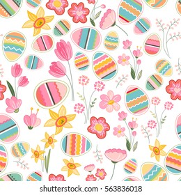 Floral seamless pattern with eggs, birds and stylized flowers. Endless texture for spring design, decoration,  greeting cards, posters,  invitations, advertisement.