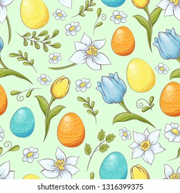 Floral seamless pattern with eggs and stylized flowers. Endless texture for spring design, decoration, greeting cards, posters, invitations
