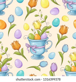 Floral seamless pattern with eggs and stylized flowers. Endless texture for spring design, decoration, greeting cards, posters, invitations