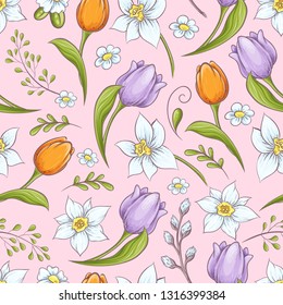 Floral seamless pattern with eggs and stylized flowers. Endless texture for spring design, decoration, greeting cards, posters, invitations