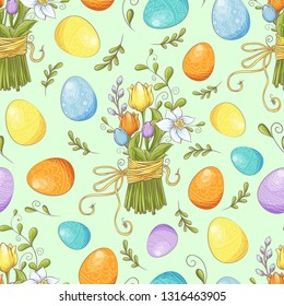 Floral seamless pattern with eggs and stylized flowers. Endless texture for spring design, decoration, greeting cards, posters, invitations, advertisement. Vector illustration..