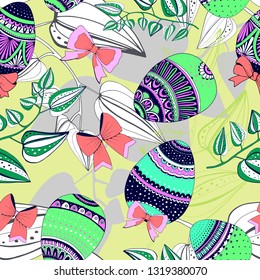 Floral seamless pattern with eggs, and stylized flowers. Endless texture for spring design, decoration, greeting cards, posters, invitations