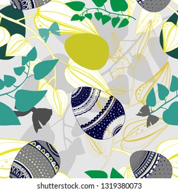 Floral seamless pattern with eggs, and stylized flowers. Endless texture for spring design, decoration, greeting cards, posters, invitations