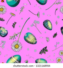 Floral seamless pattern with eggs, and stylized flowers. Endless texture for spring design, decoration, greeting cards, posters, invitations, advertisement.