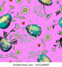 Patrón floral sin fisuras con huevos y flores estilizadas. Textura sin fin para diseño primaveral, decoración, tarjetas de felicitación, carteles, invitaciones, publicidad.